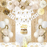 White & Gold Birthday Decor, Balloons, Banner, Tablecloth, Pom Poms and Fringe Curtain
