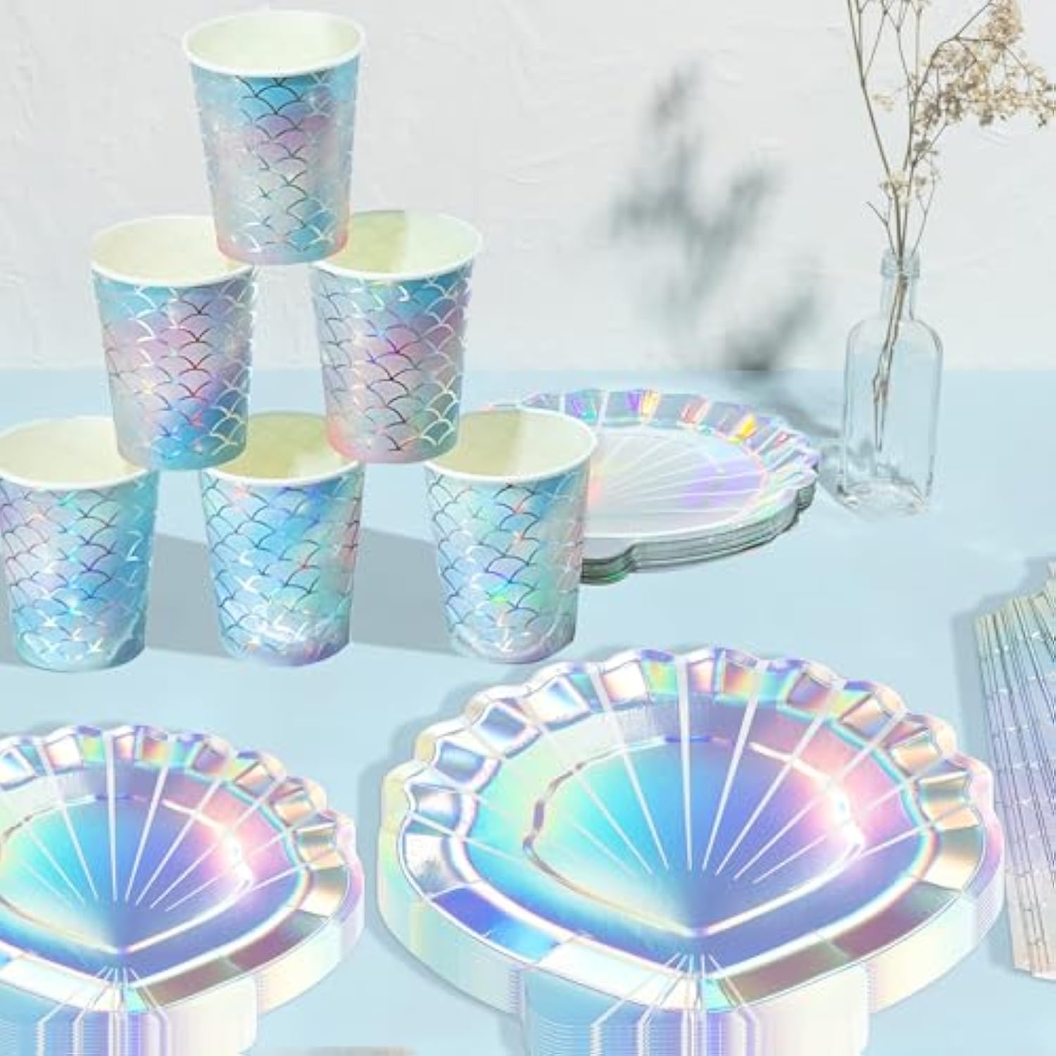 Summer Mermaid Party Supplies For Girls Baby Shower Birthday Party Under The Sea Themed Decor Iridescent Shell Plates Napkins Cups Knives Forks Tablecloths Banners Serves 20 Guests 122Pcs