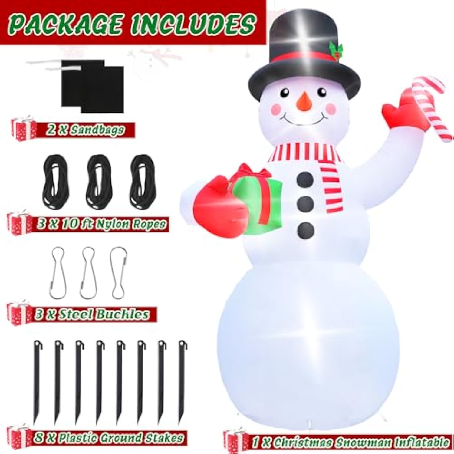 Christmas Inflatables, 14Ft Snowman With Present Box And Candy Cane, Lighted Christmas Snowman Blow Up Decorations, Chri