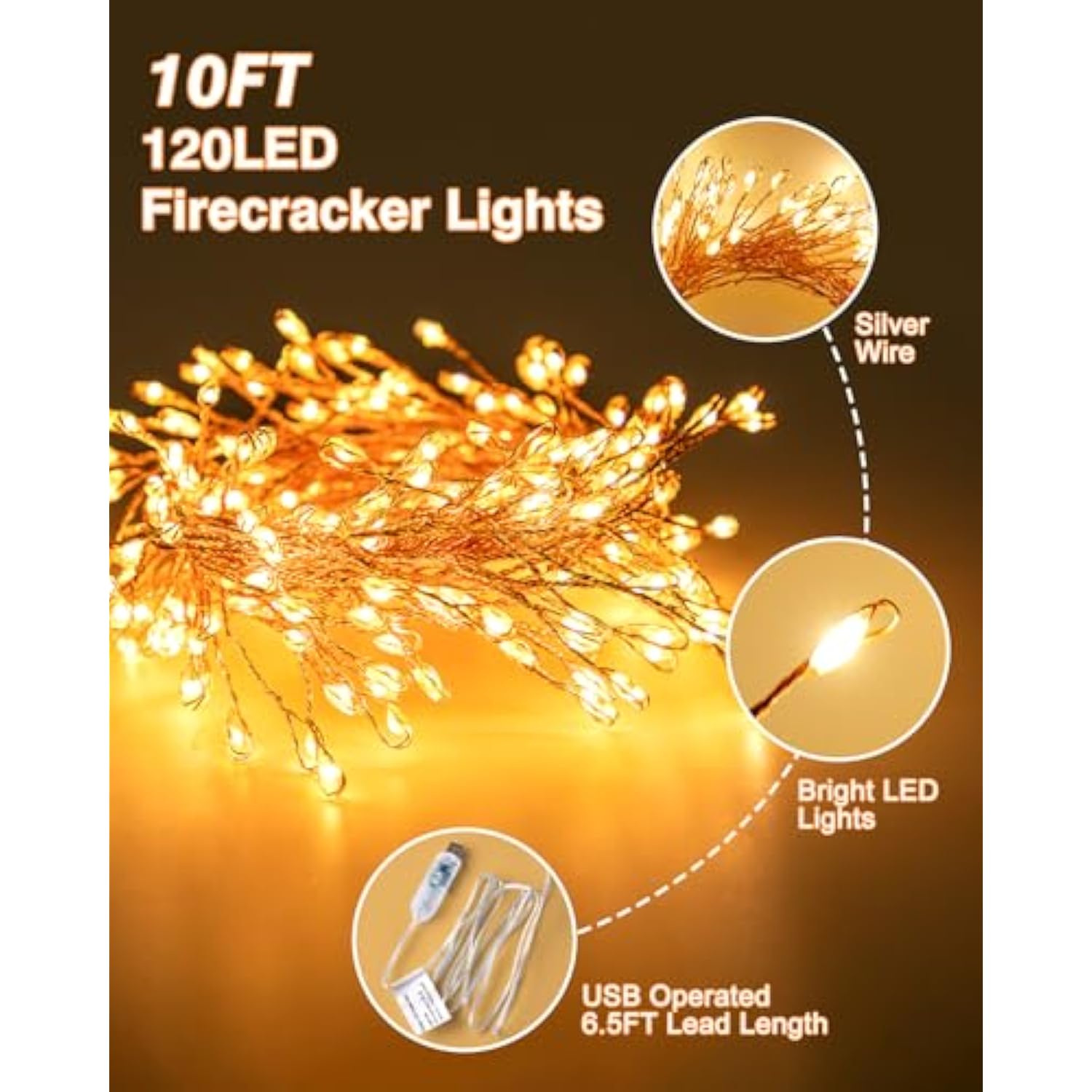 LED Firecracker String Lights 10Ft 120 LEDs USB Twinkle Lights with Remote