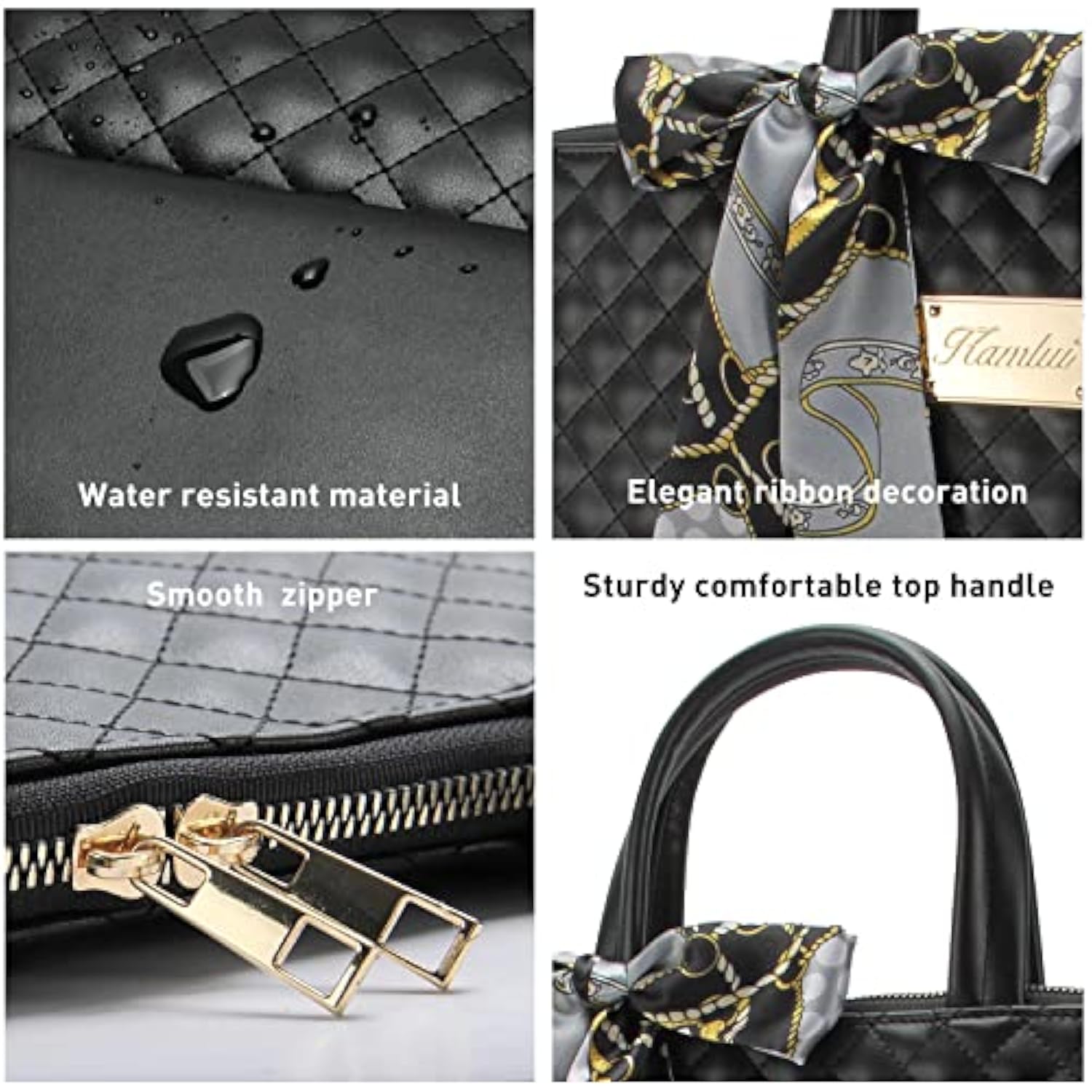 Quilted Laptop Bag For Women, Fits Up To 15.6-Inch Laptops, Pu Leather, Professional Business Briefcase With Shoulder Strap, Black