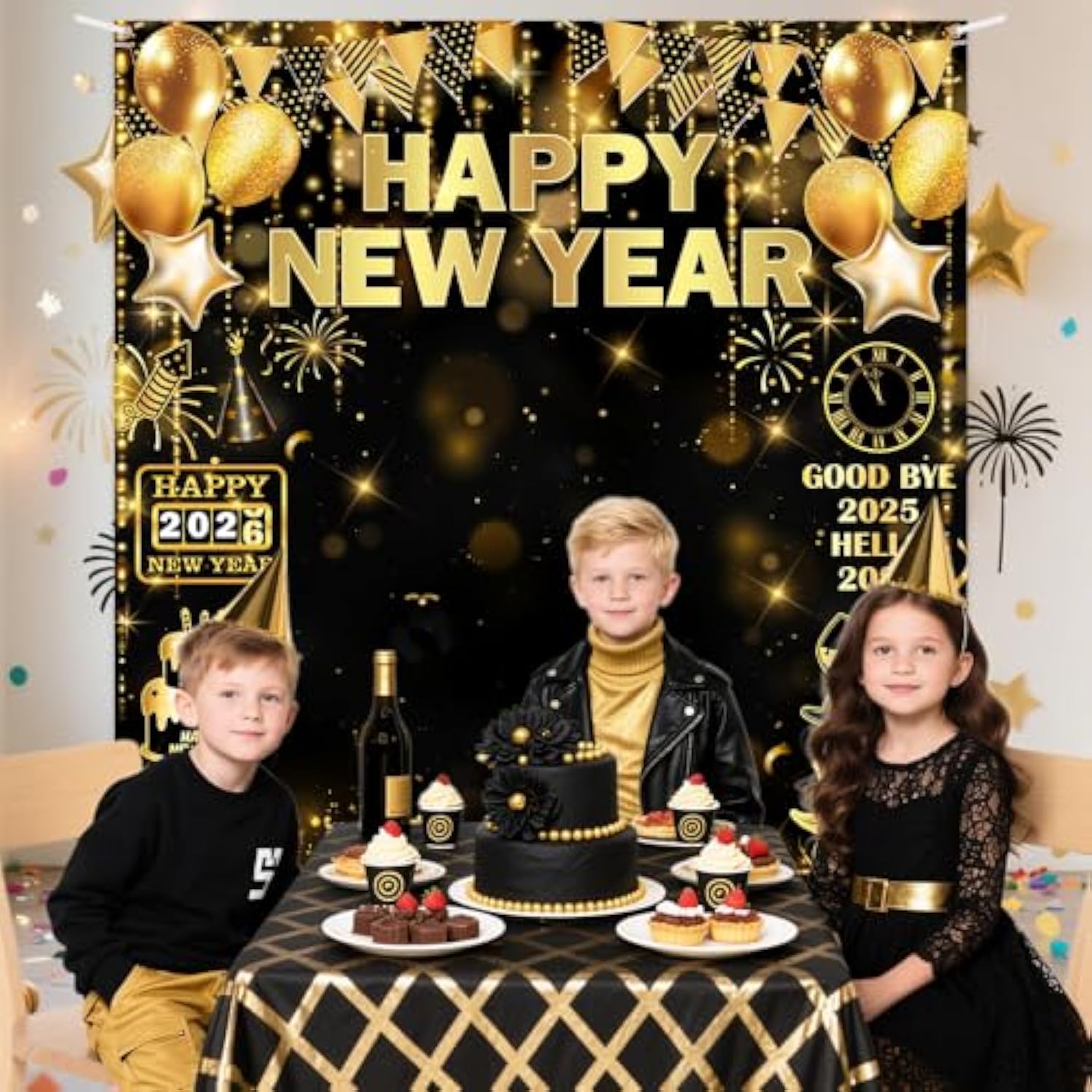 Black & Gold 2026 Happy New Year Banner 70.8x78.7in Party Backdrop