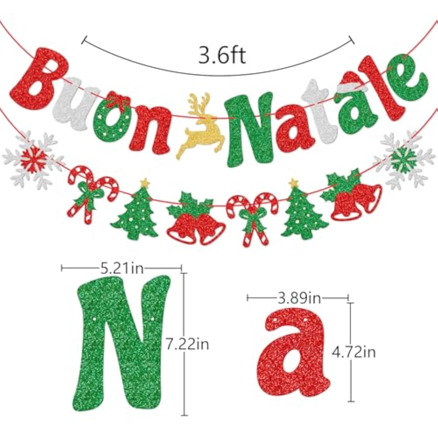 Buon Natale Banner - Glitter Italian Christmas Banner, Party Decor, Merry Christmas Sign - Pre-Strung