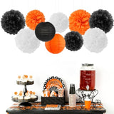 15Pcs Halloween Tissue Pom Poms and Paper Flowers – Orange, Black & White Party Hanging Decorations