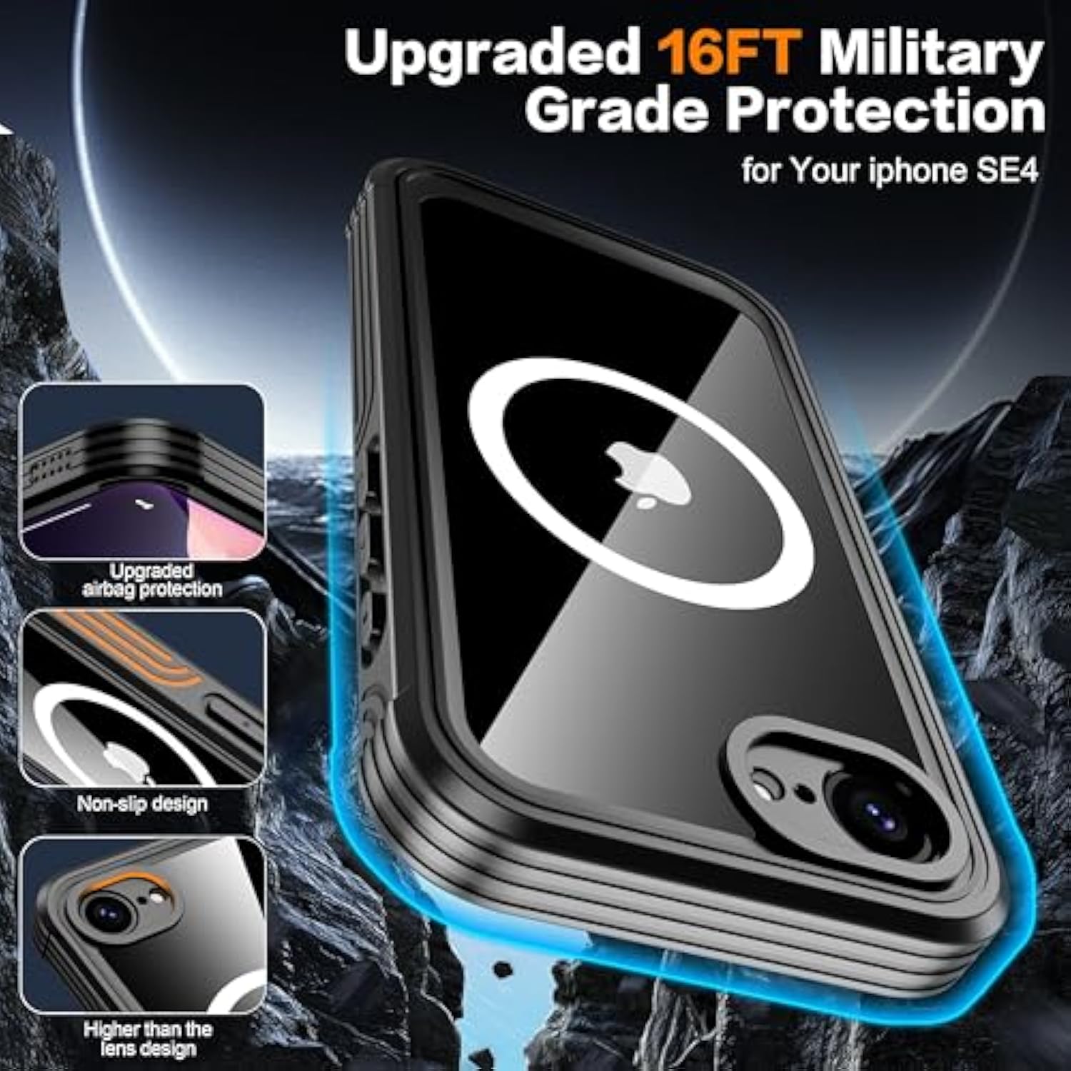 For Iphone 16E Case,Built-In 9H Tempered Glass Screen Protector + Privacy Screen Protector, [Military Grade Protection] Shockproof Anti Spy Magnetic Back Phone Case For Iphone 16E, Black