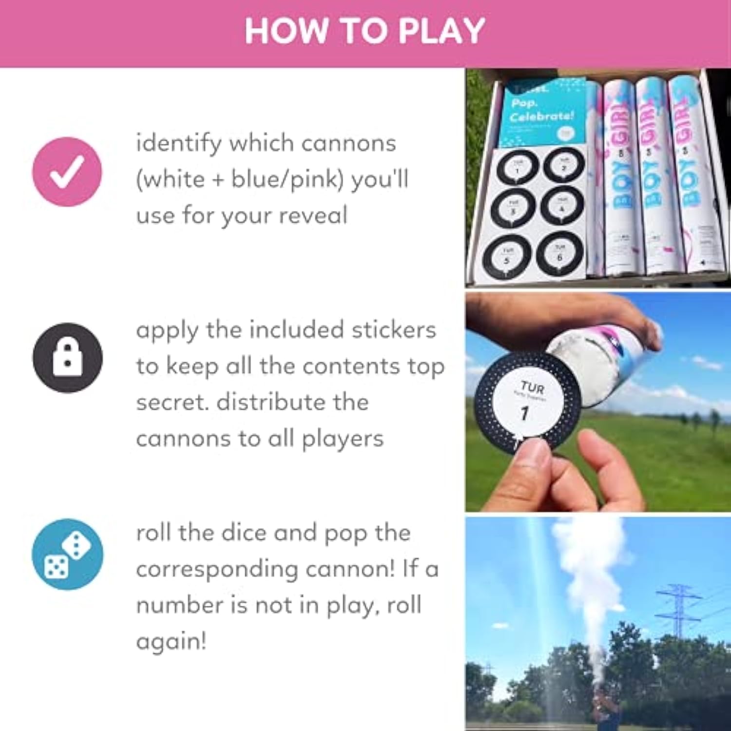 Gender Reveal Roulette Game Kit (Blue, Pink & White) Fool Proof Confetti & Powder Cannons | 100% Biodegradable | 12 Inch | Party Poppers For Boy Or Girl Baby Shower Decorations