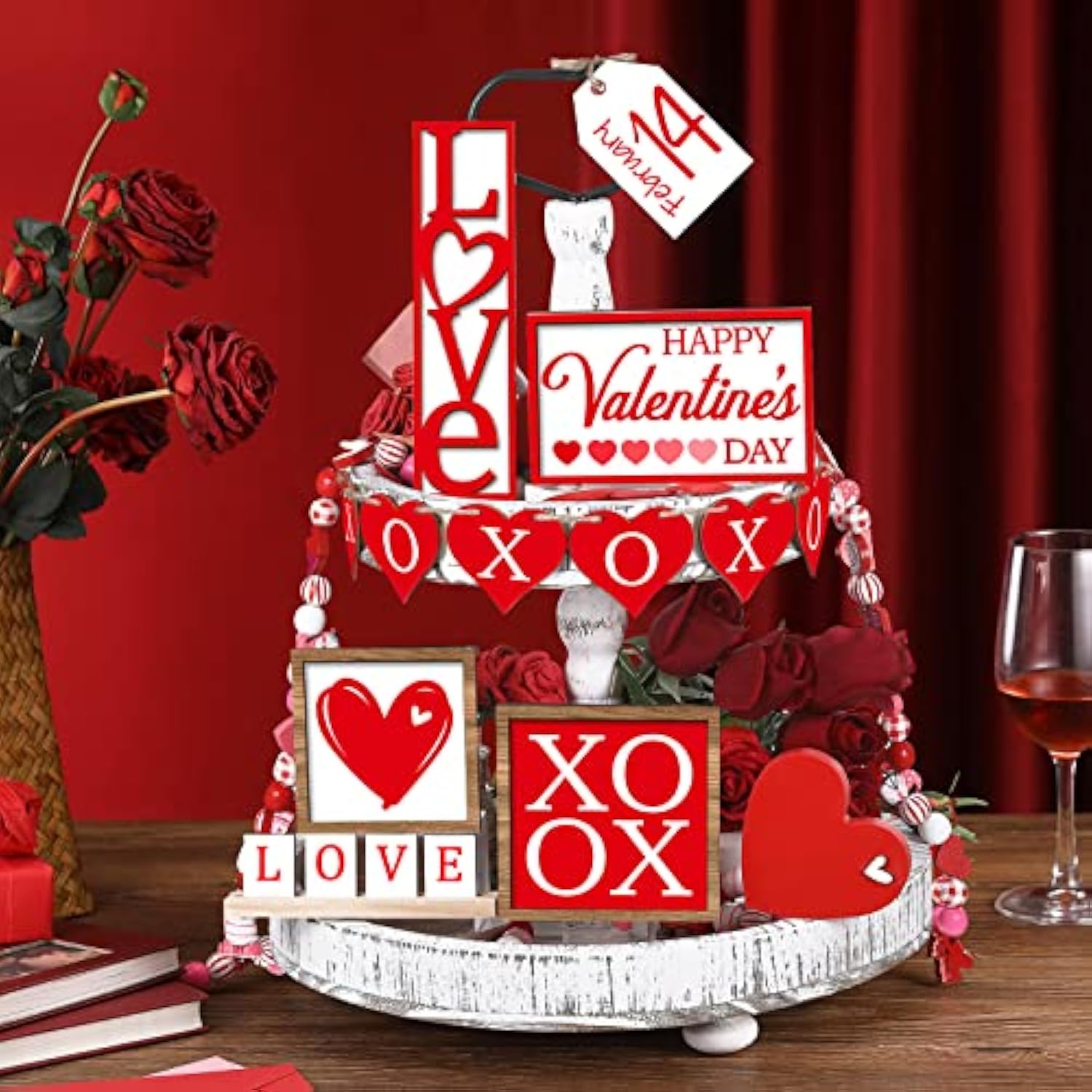 12 Pcs Valentine'S Day Tiered Tray Decor Set Heart Xoxo Wooden Sign Rustic Farmhouse Decor Love Tiered Tray Decorative Signs For Valentine'S Day Table Holiday(Red)