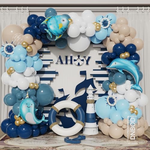 Nautical Party Decoration Balloon Arch Kit, Navy Blue Sand White Gold