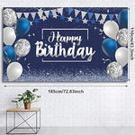 Happy Birthday Decorations Backdrop Banner, Glitter Birthday Backdrop Sign Poster Party Supplies Photo Background For Men Women, 72.8 X 43.3 Inch(Silver And Navy Blue)