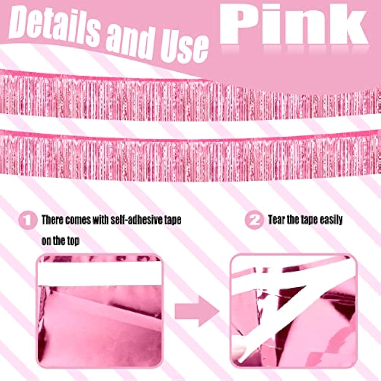 6 Pack 10 Feet Foil Fringe Garland Metallic Tinsel Streamers Banner Wall Hanging Curtain Backdrop Banner For Parade Floats, Thanksgiving, Christmas, Birthday, Halloween Party Decorations(Pink)