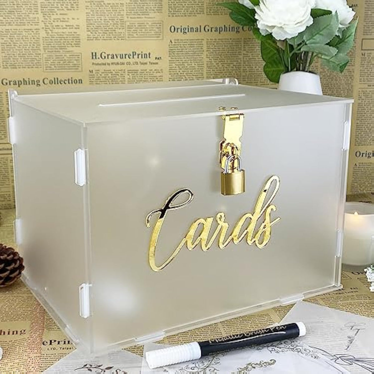 11 Inch Frosted Acrylic Wedding Card Box With Lock For Reception And Bridal Shower