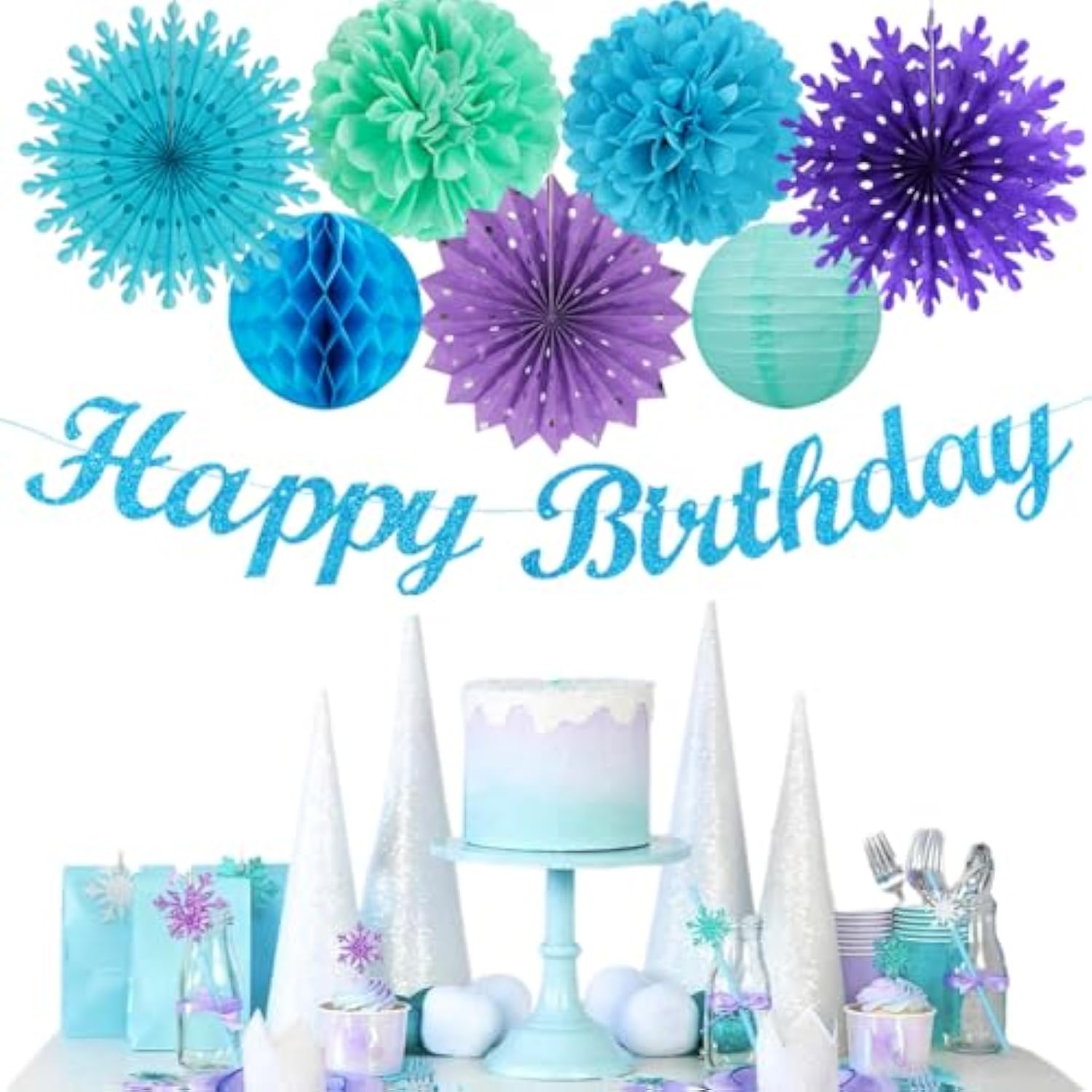 Winter-Wonderland Christmas-Snowflake Frozen Birthday Party-Decorations - 21Pcs Happy Banner,Blue Purple Teal Paper Lanterns Honeycomb Streamers,Tissue Pom Poms Flower Fan,Hanging Decor