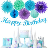 Winter-Wonderland Christmas-Snowflake Frozen Birthday Party-Decorations - 21Pcs Happy Banner,Blue Purple Teal Paper Lanterns Honeycomb Streamers,Tissue Pom Poms Flower Fan,Hanging Decor