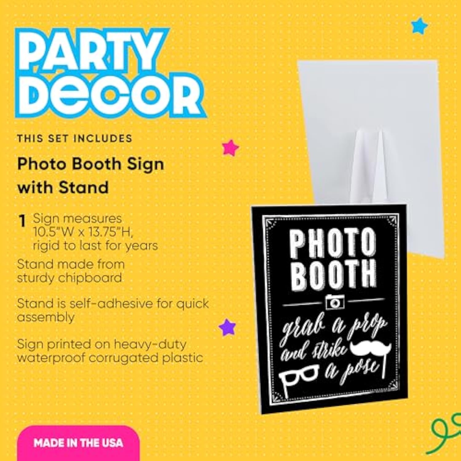 Big Dot of Happiness Photo Booth Sign with Stand – Festive & Durable Plastic Display – Indoor & Outdoor Party Decoration – 10.5” x 13.75”