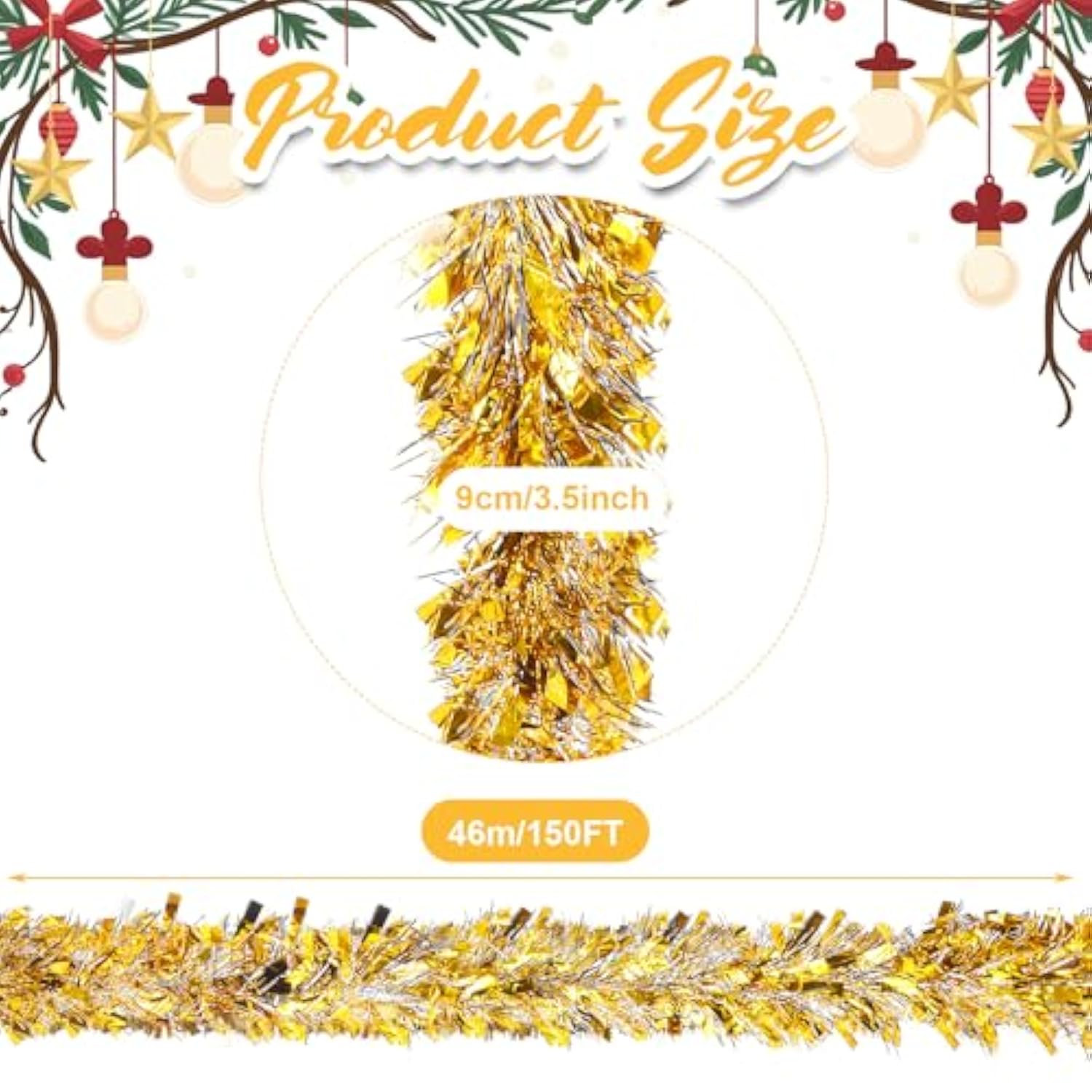 150 Feet Christmas Tinsel Garland Metallic Twist Garland Shiny Hanging String Ornaments For Christmas Tree Party Supplies Indoor And Outdoor Decoration(Silver Gold)