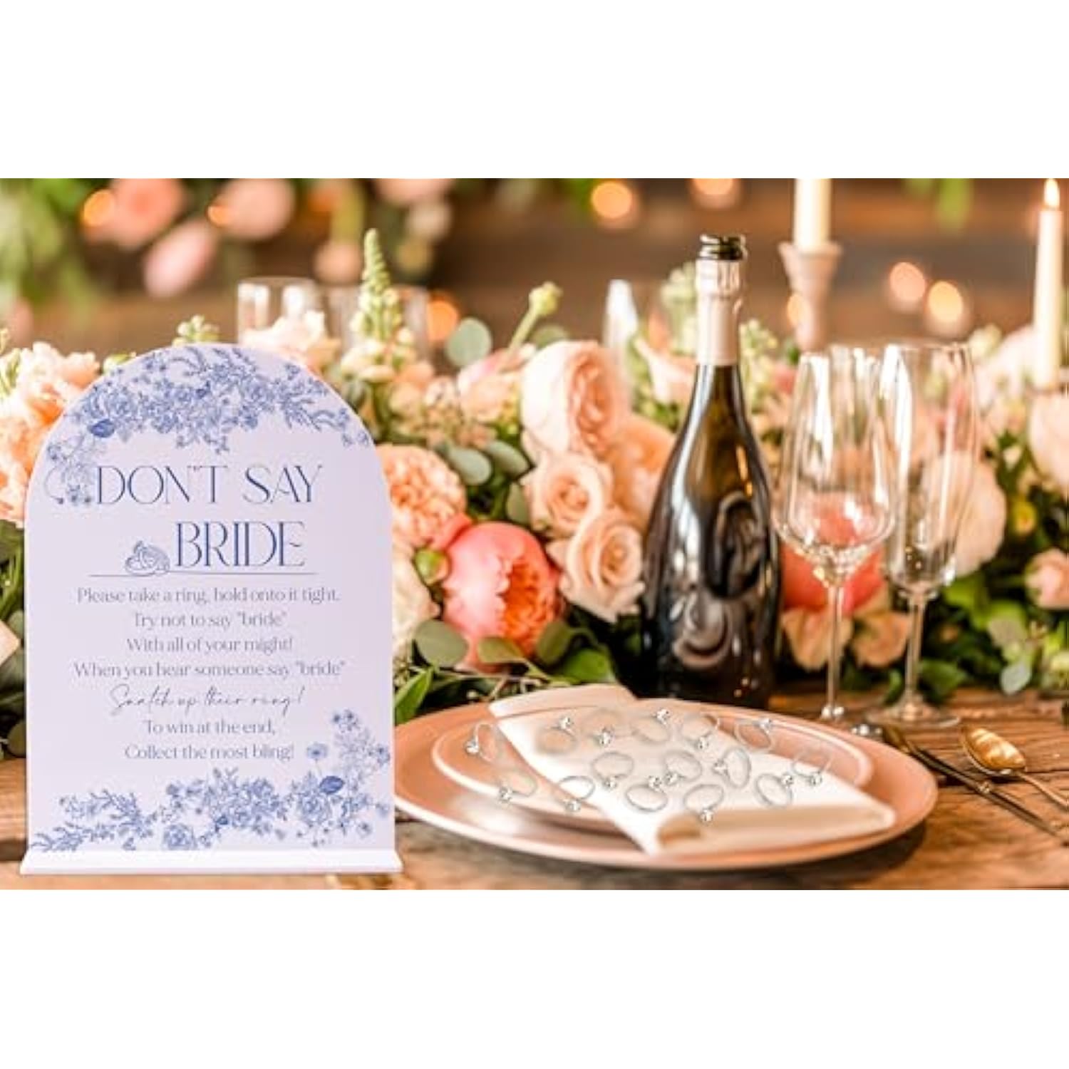 Blue Flower Bridal Shower Ring Game, 1 Sign And 50 Rings, Bridal Shower Decorations, Put A Ring On It Bridal Shower Game, Wedding Shower Games(Jzxn03)