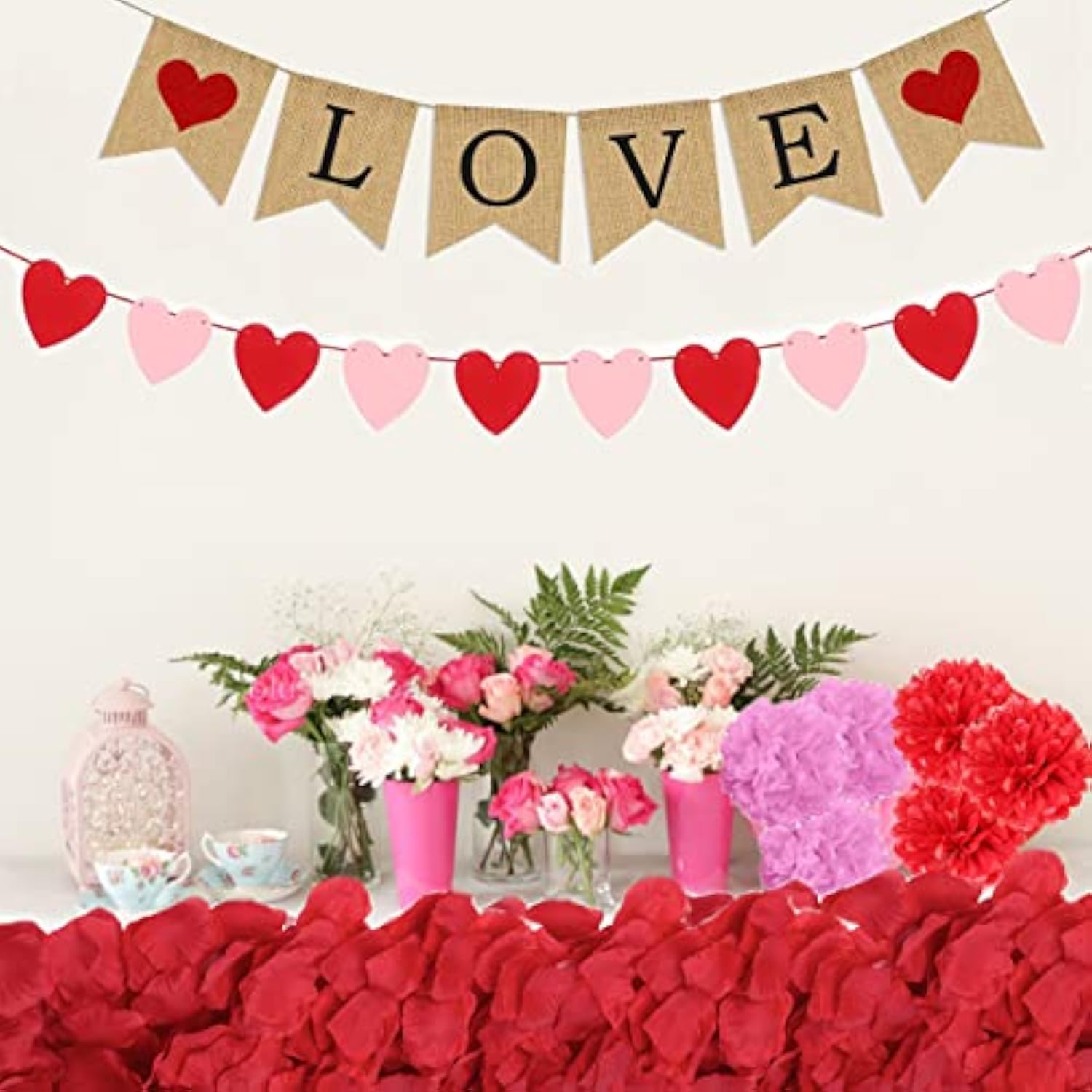 Valentines Decor Kit With 1 Love Banner, 1 Hearts Felt Garland, 6 Paper Fans, 6 Paper Flower Balls, 6 Hanging Swirls, 200 Rose Petals For Valentines Decorations Wedding Party Supplies