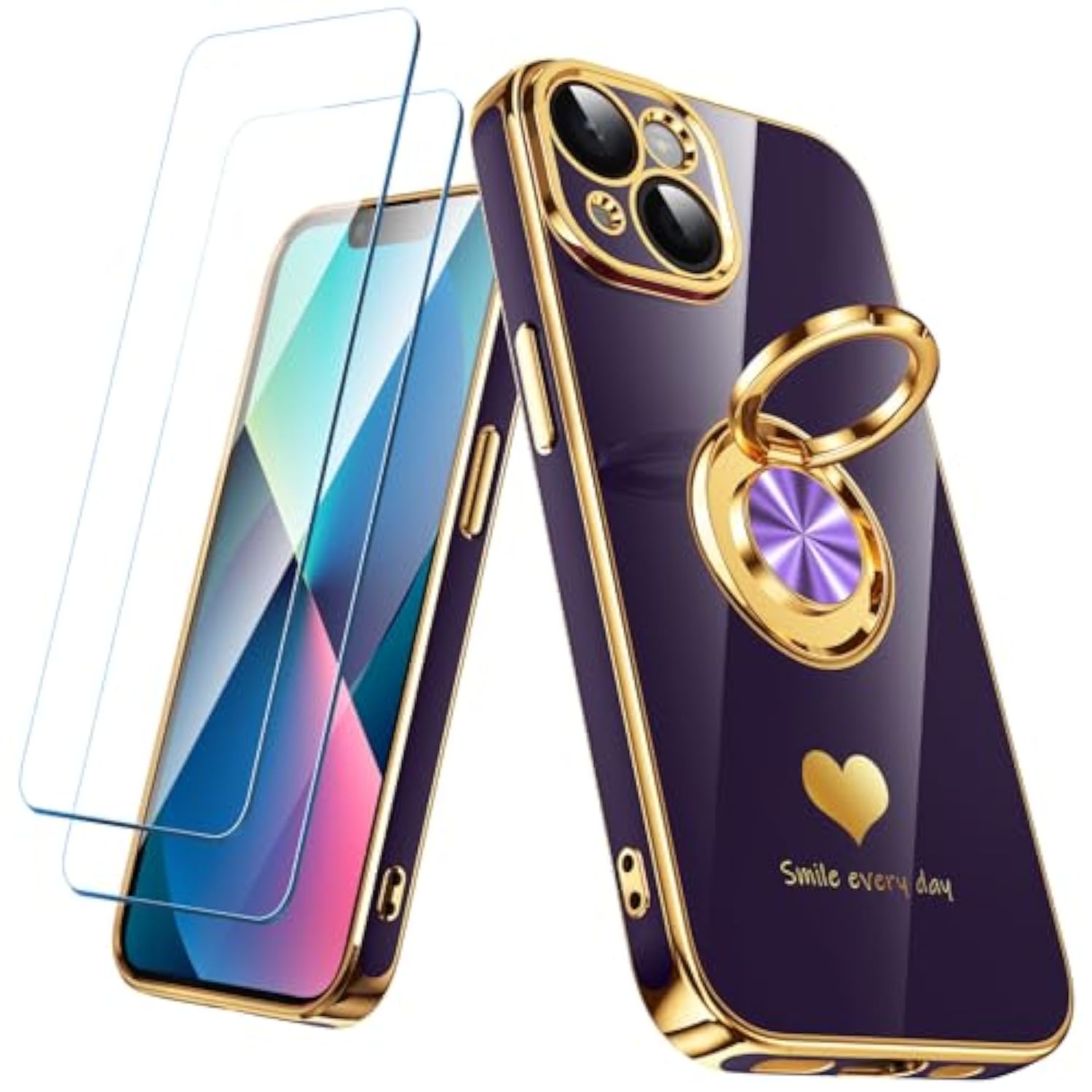 iPhone 13 Case with 2 Screen Protectors and Rotating Ring Holder Purple