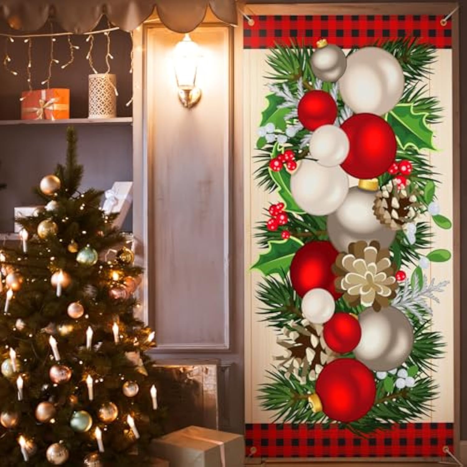 Christmas Door Cover Christmas Ball Door Decorations Xmas Photography Background Banner Porch Sign For Front Outdoor Winter Holiday Farmhouse Party Supplies 70.9 X 35.4''