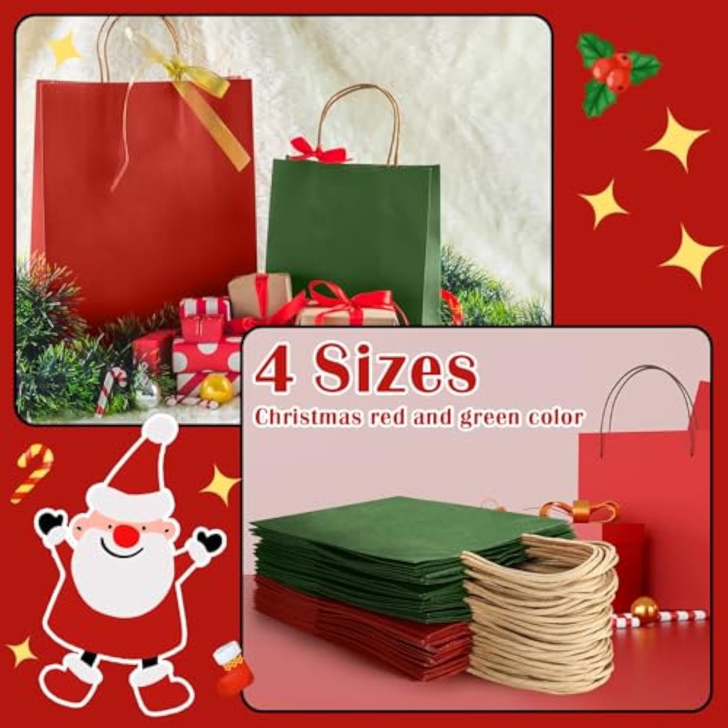 100 Pcs Red And Green Christmas Gift Bags Kraft Paper Bags With Handles Holiday Gift For Wedding Baby Shower Bridal Shower Shopping Party Favor Business (4 Size)