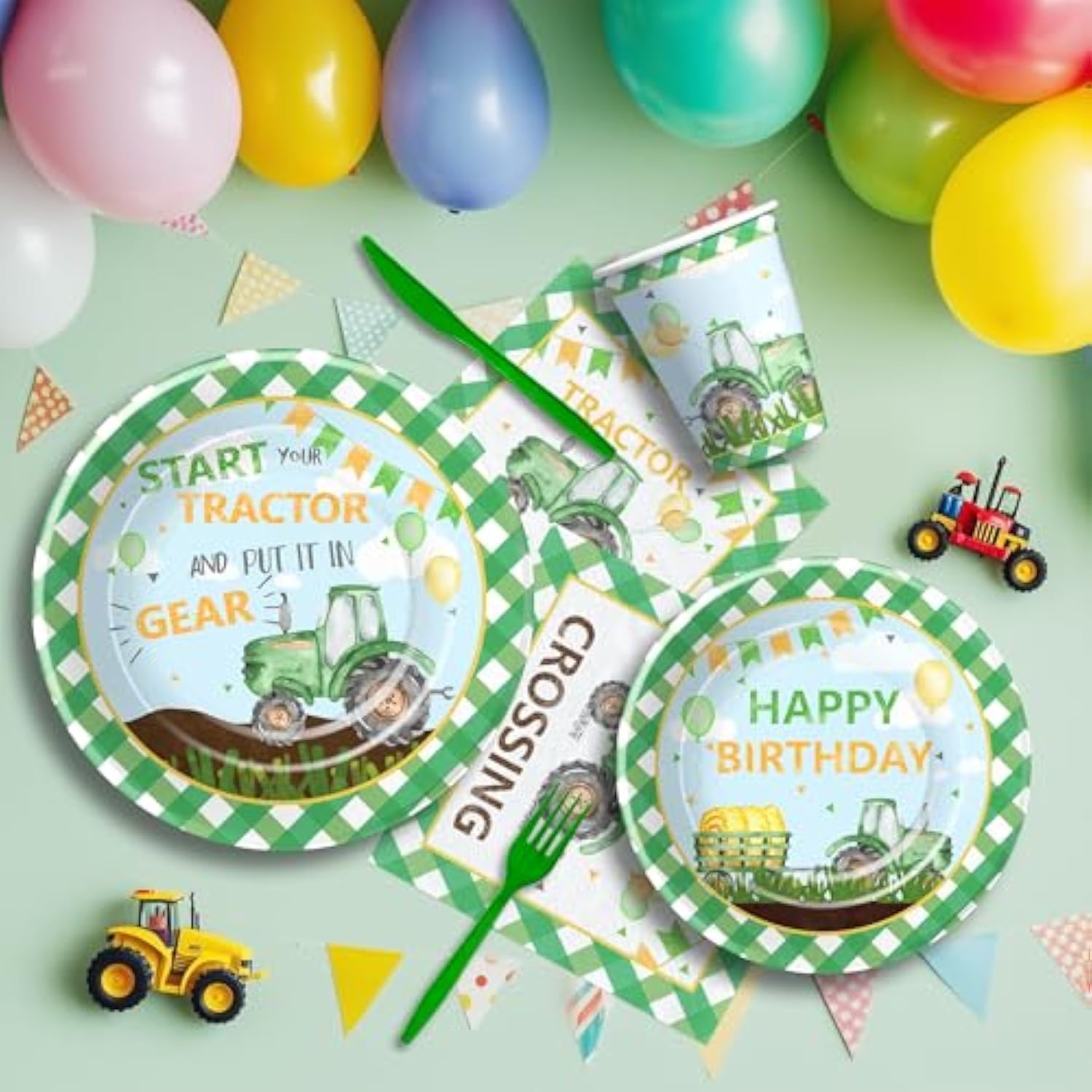 Tractor Birthday Decorations, Farm Theme Green Tractor Party Supplies For Birthday Baby Shower, Paper Plate, Cup, Napkin, Banner, Tablecloth, Swirls, Cutlery, Serves 24