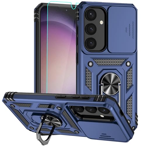 for  Galaxy S24 Plus Case, Soft Silicone Rubber Bumper Hard Plastic Phone Case with [Sliding Camera Lens Cover] [360° Rotatable Kickstand