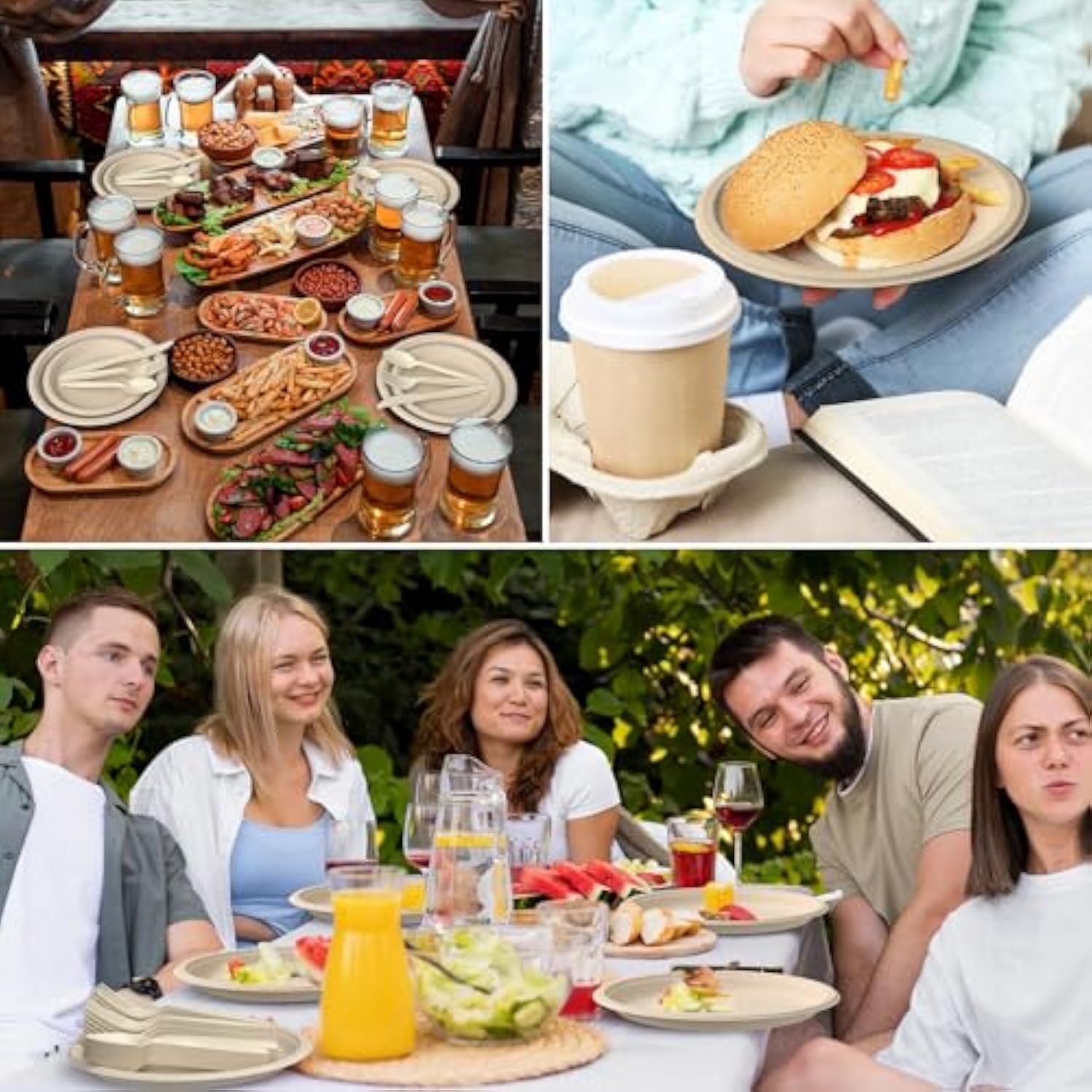 Compostable Paper Plates Set 250Pcs Heavy-Duty Sugarcane Biodegradable Dinnerware