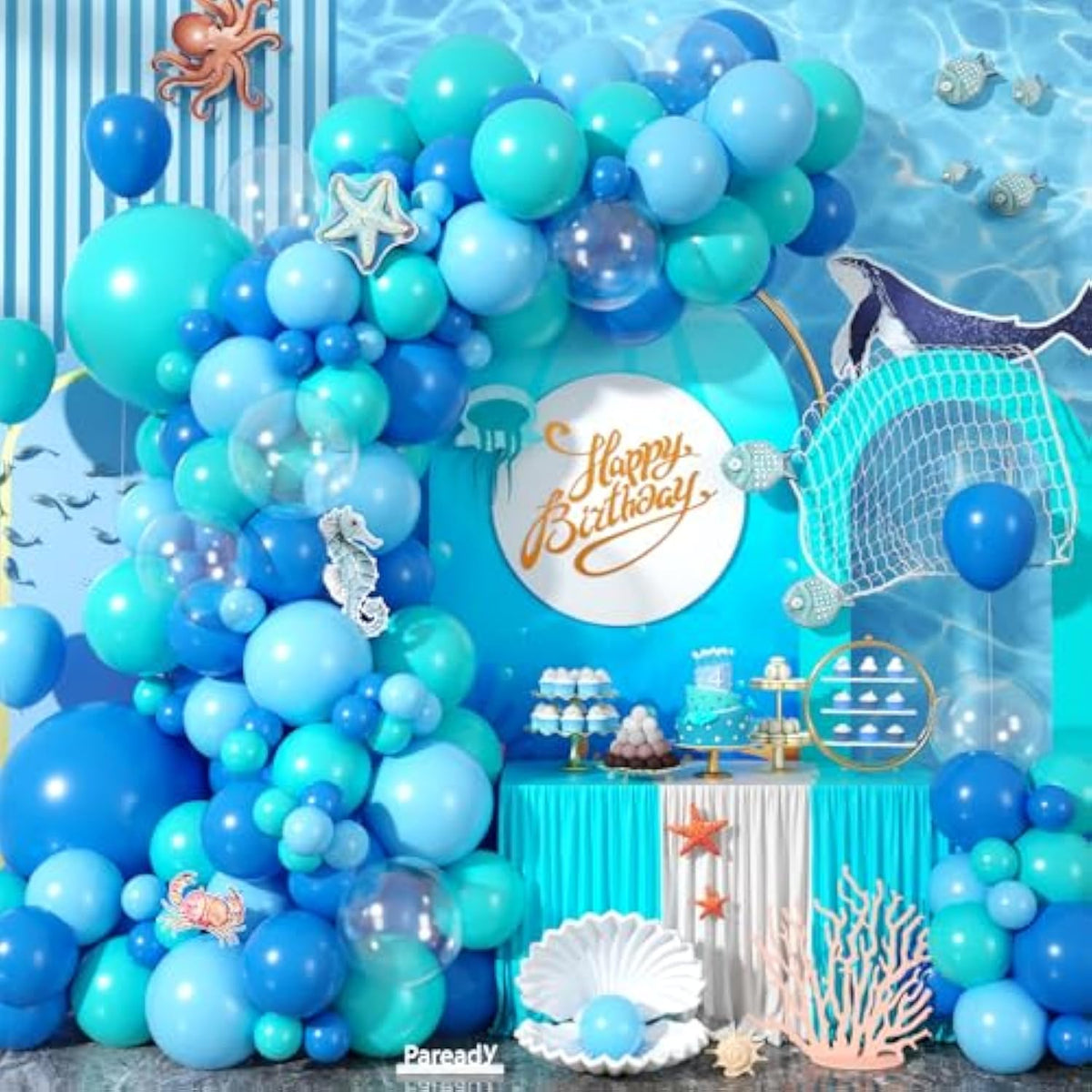 Ocean Arch Kit, 120 Pcs Sea Garland With 18/12/10/5 Inch Teal Dark Light Blue Clear Balloons For Kids Birthday Beach Baby Shower Sea Ocean Theme Party Decorations