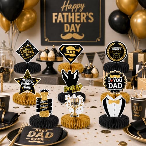 Father's Day Honeycomb Centerpieces, Black Gold Dad Table Decorations, Happy Fathers Day Table Centerpieces for Dad Party Table Decor