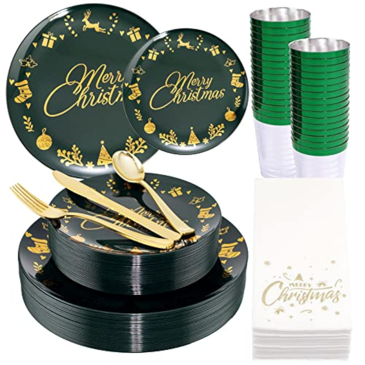 175Pieces Christmas Plastic Plates - Green Plastic Plates And Napkins Include 25Dinner Plate 25Dessert Plate 25Knives 25Forks 25Spoons 25Cups 25Napkins For Christmas