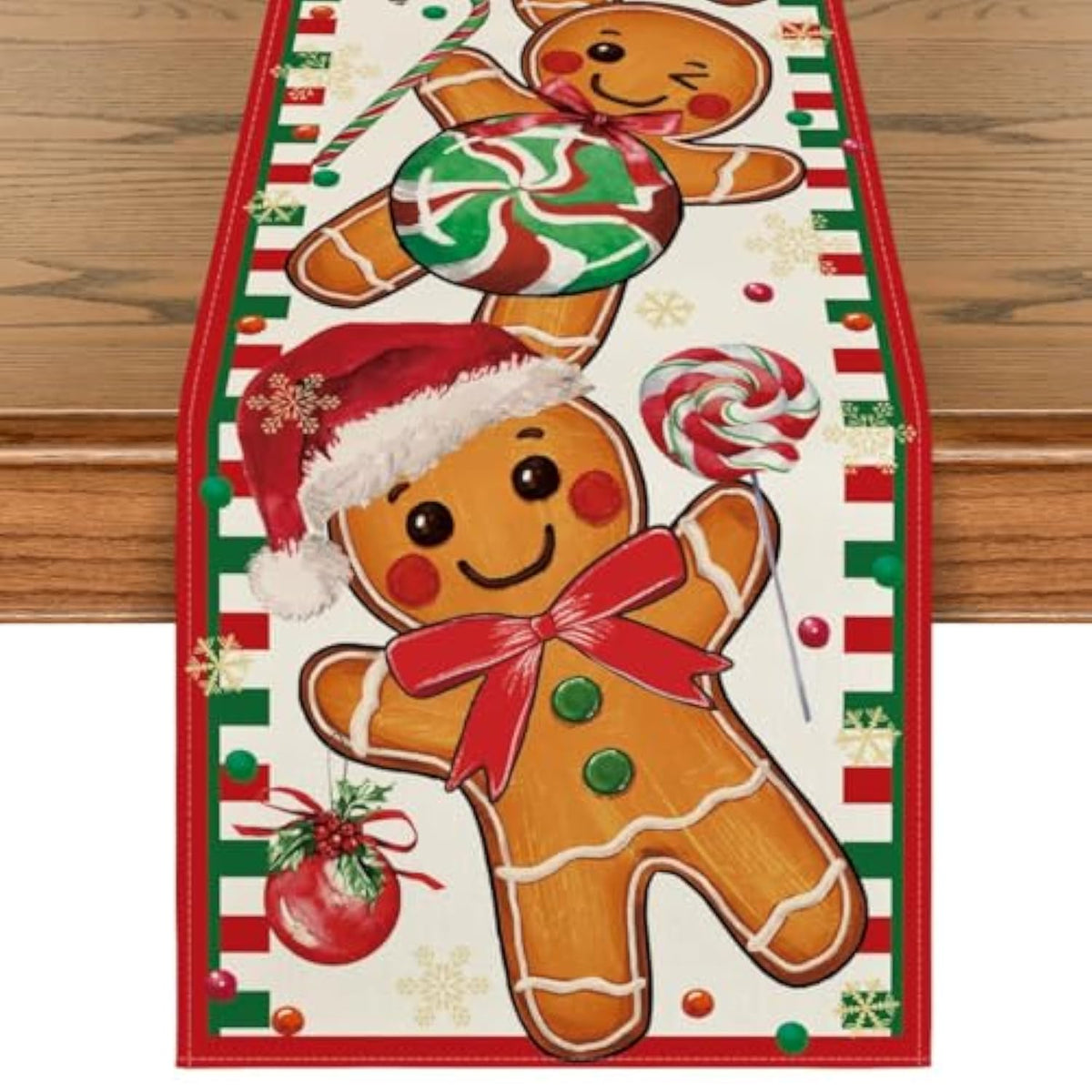 Gingerbread Candy Cane Christmas Table Runner, Seasonal Winter Kitchen Dining Table Decoration For Home Party Decor 13X72 Inch