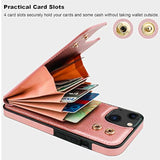 Compatible With Iphone 13 Case Wallet With Card Holder, 360°Rotation Finger Ring Holder Kickstand Protective Rfid Blocking Pu Leather Double Buttons Flip Shockproof Cover 6.1 Inch Rose Gold