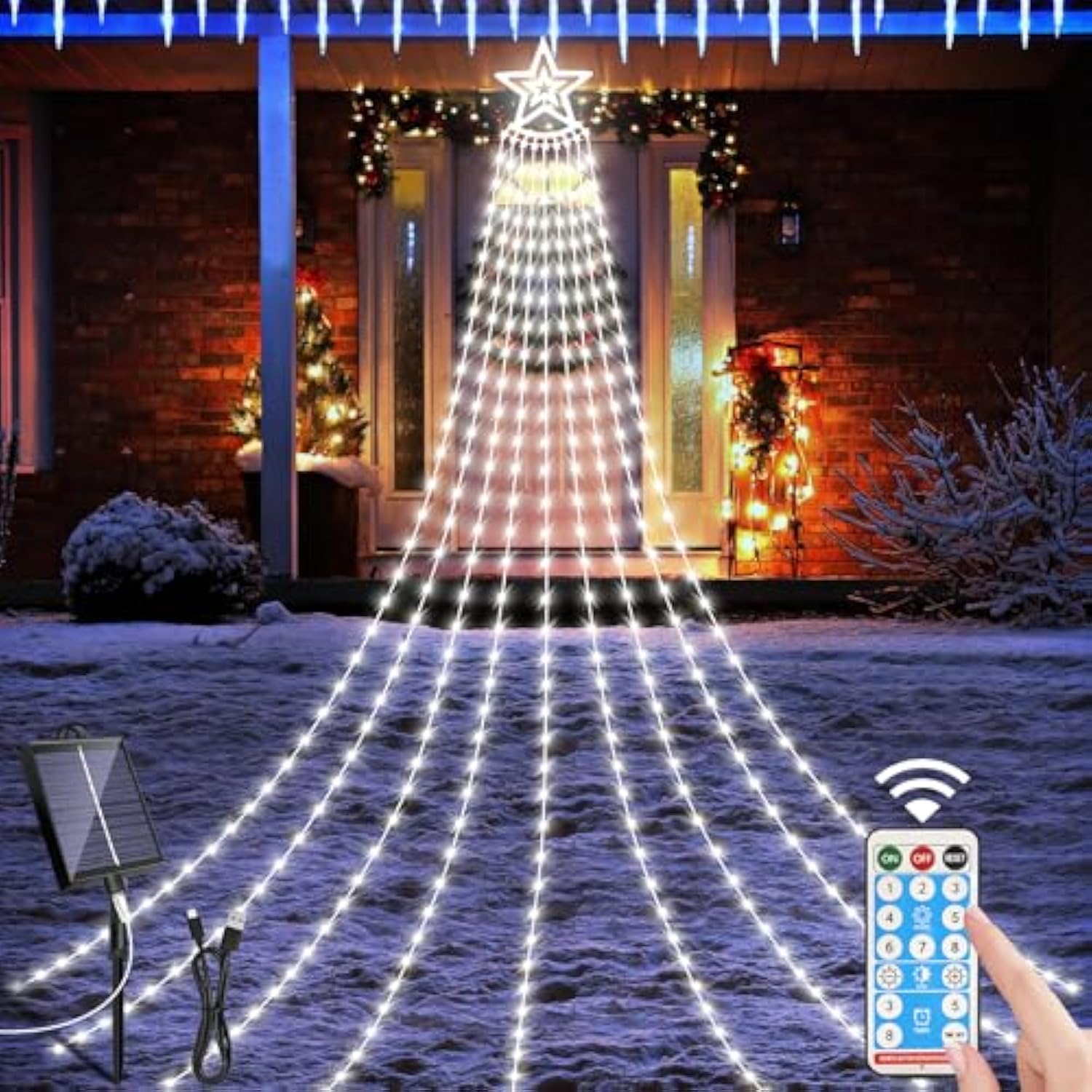 Solar Outdoor Christmas Decorations Lights, 350Led Christmas Star Tree Light Wth Remote Control, 8 Modes Waterfall Light