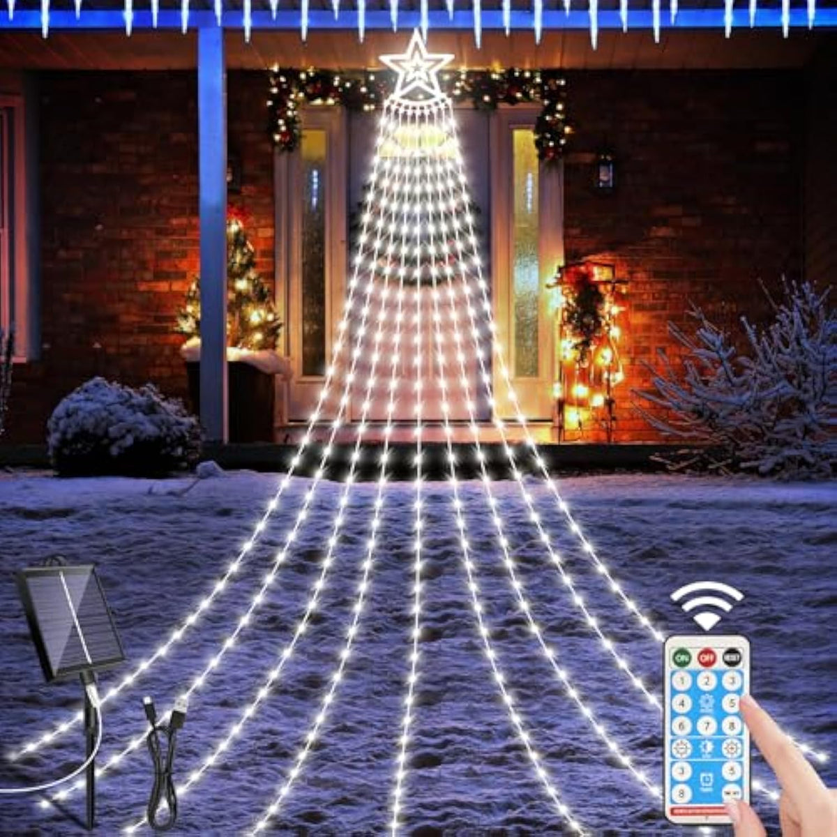 Solar Outdoor Christmas Decorations Lights, 350Led Christmas Star Tree Light Wth Remote Control, 8 Modes Waterfall Light
