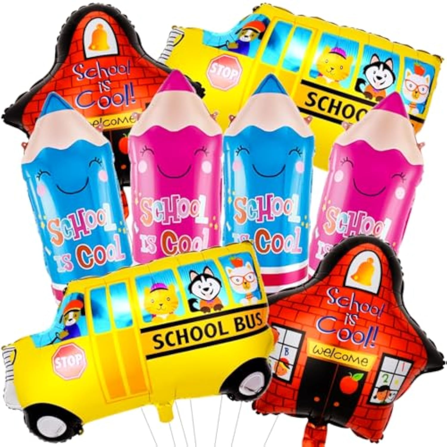 8-pc back-to-school decor with bus and pencil foil balloons for first-day parties