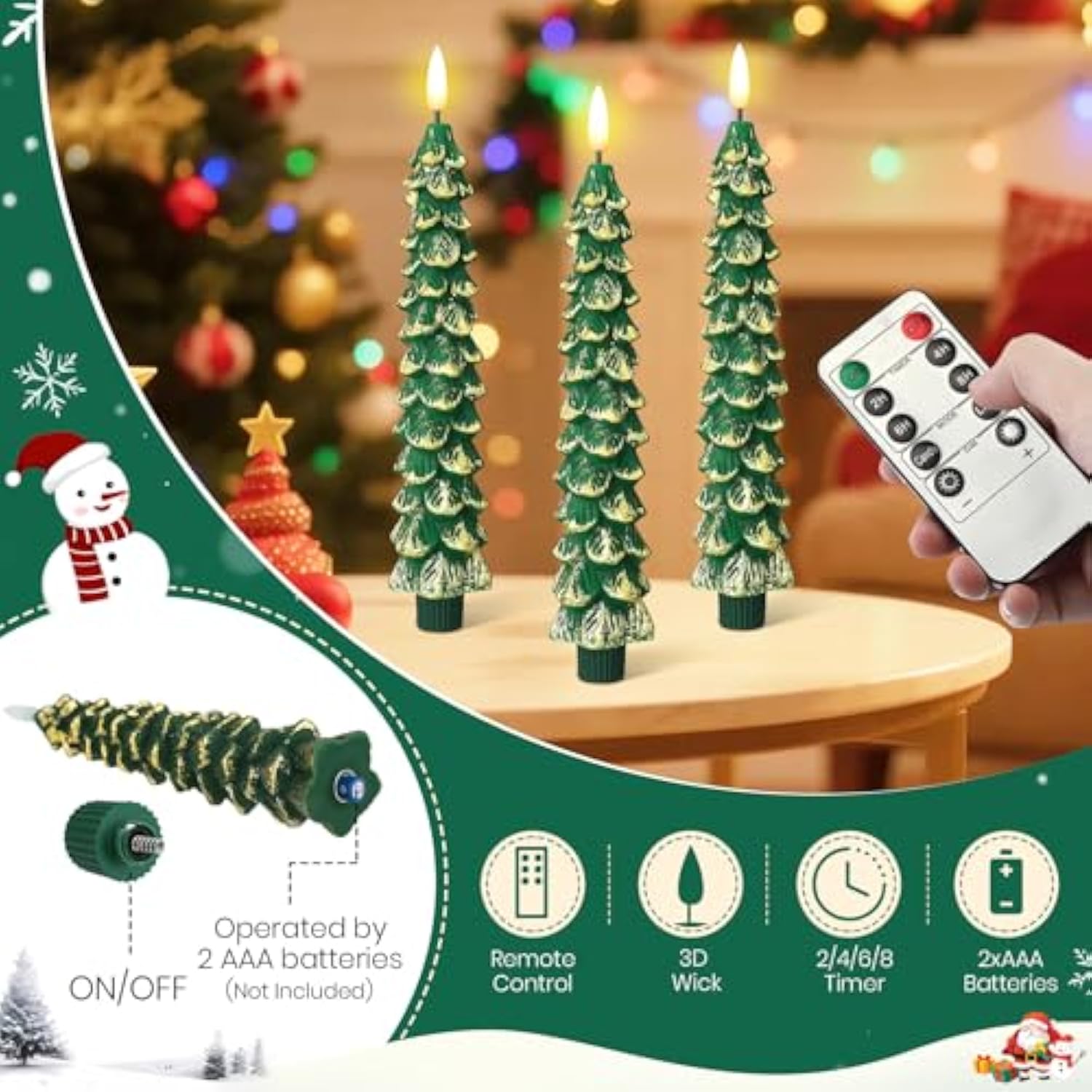 3 Pcs Christmas Tree Flameless Taper Candles Battery Operated With Remote And Timer, Real Wax Led Candles, Warm 3D Wick Flickering Lifelike Leaves, Xmas Dinner Holiday Decoration (Green,Gold)