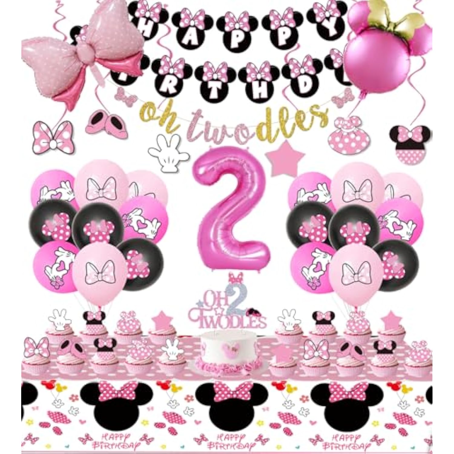 Pink Mouse 2Nd Birthday Party Supplies, Oh Twodles Girl Second Party Decorations Includes Happy Birthday Banner, Hanging Swirls, Tablecloth, Cake Cupcake Toppers, Bow Foil Balloon, Latex Balloons
