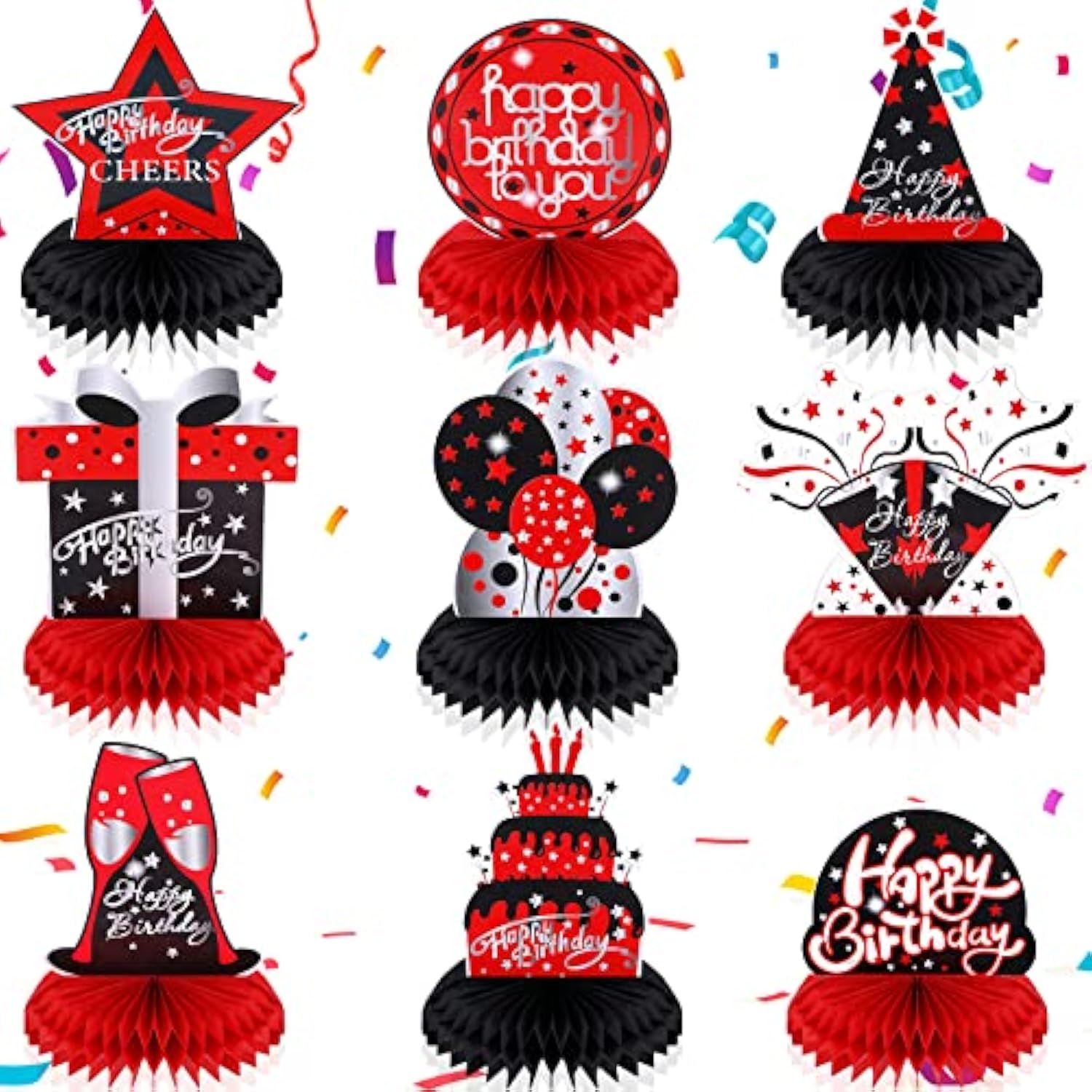 9 Pcs Red And Black Birthday Decorations Table Honeycomb Centerpieces