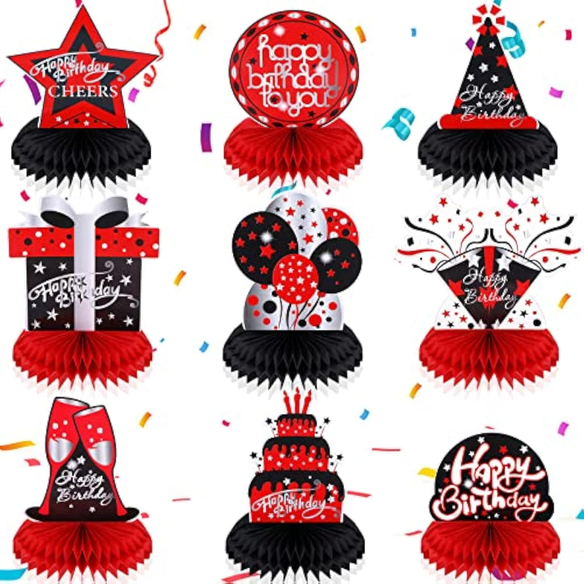9 Pcs Red And Black Birthday Decorations Table Honeycomb Centerpieces