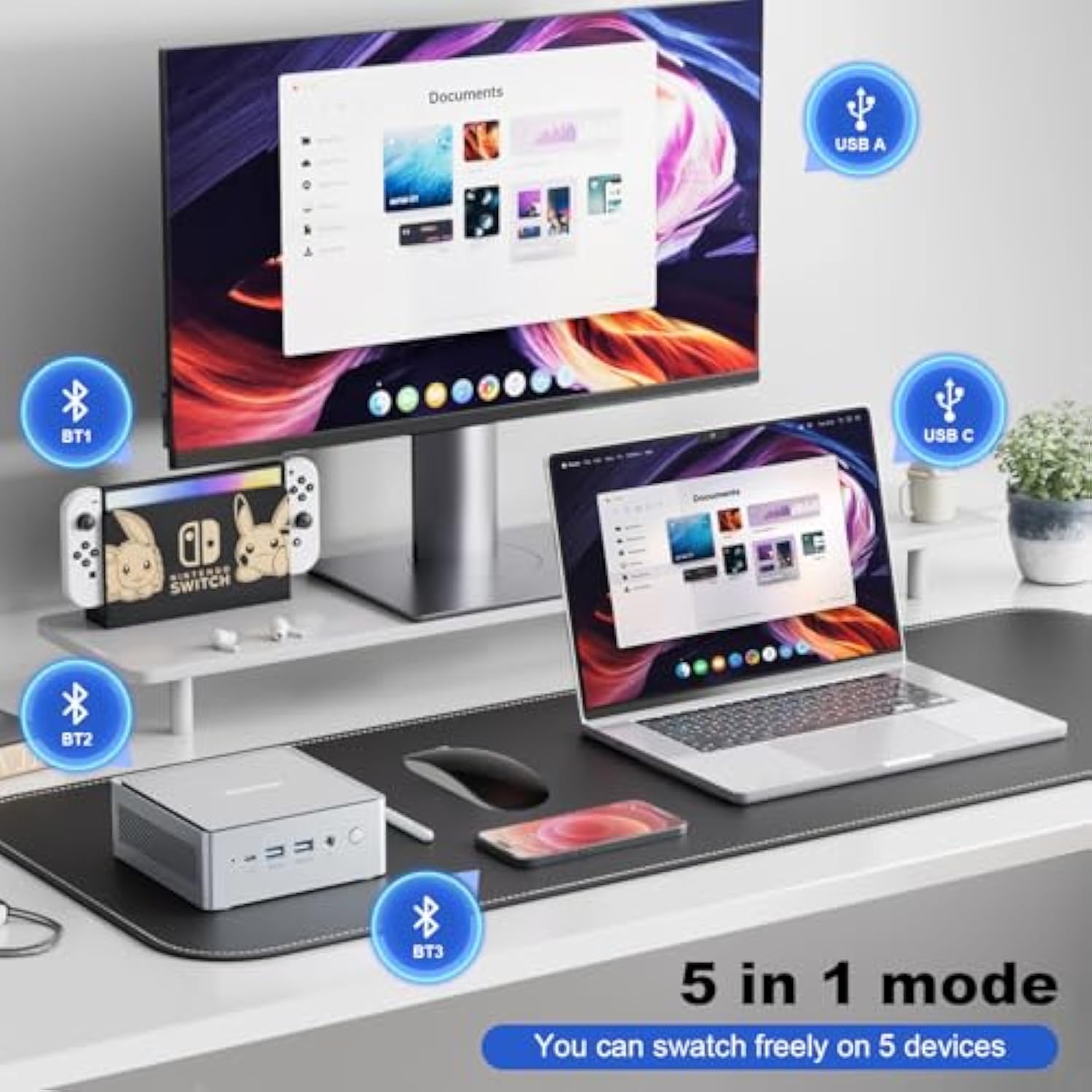 DC Wireless Mouse, 5 in 1 Bluetooth USB C Rechargeable Mouse for Laptops Disktops Tablets Compatible with Apple MacBook Pro/Air iPad iMac Sureface Chromebook Computer (Black Silver)