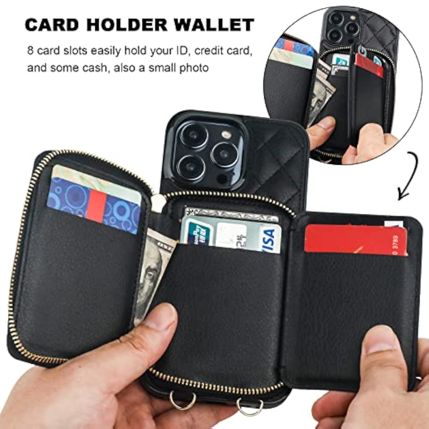 Crossbody Wallet Case For Iphone 14 Pro Max, Rfid Blocking Pu Leather Zipper Handbag Purse Flip Cover, Kickstand Folio Case With Card Slots Holder Wrist Strap Lanyard 5G 6.7 Inch (Black)
