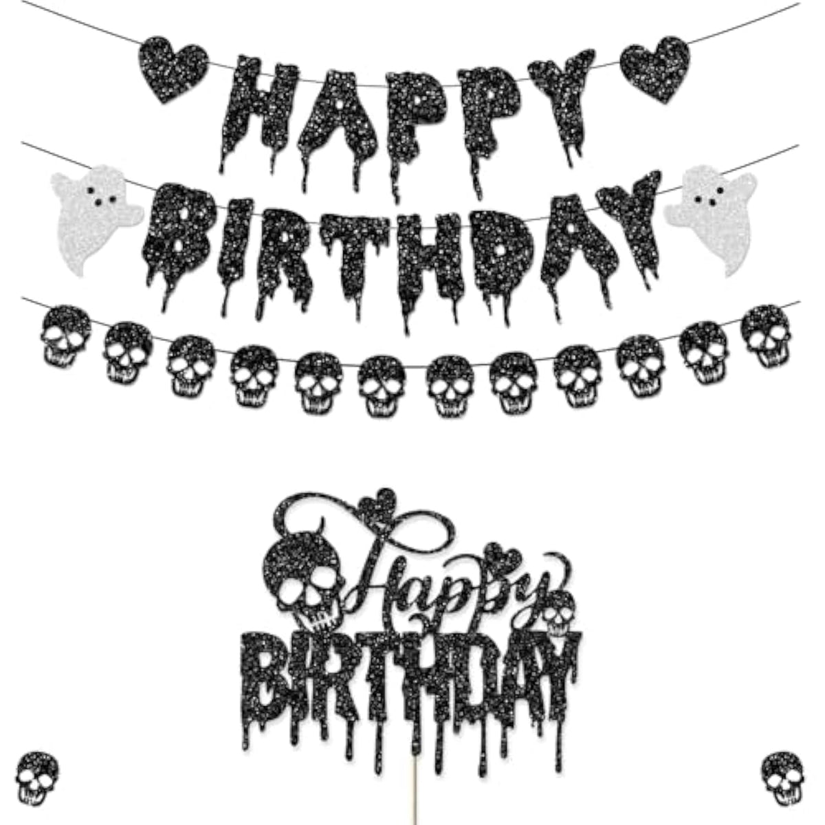 Black Glitter Halloween Birthday Banner Decorations Cake Topper Heart Skull Garland For Halloween Happy Birthday Party Decorations Theme Baby Shower Supplies