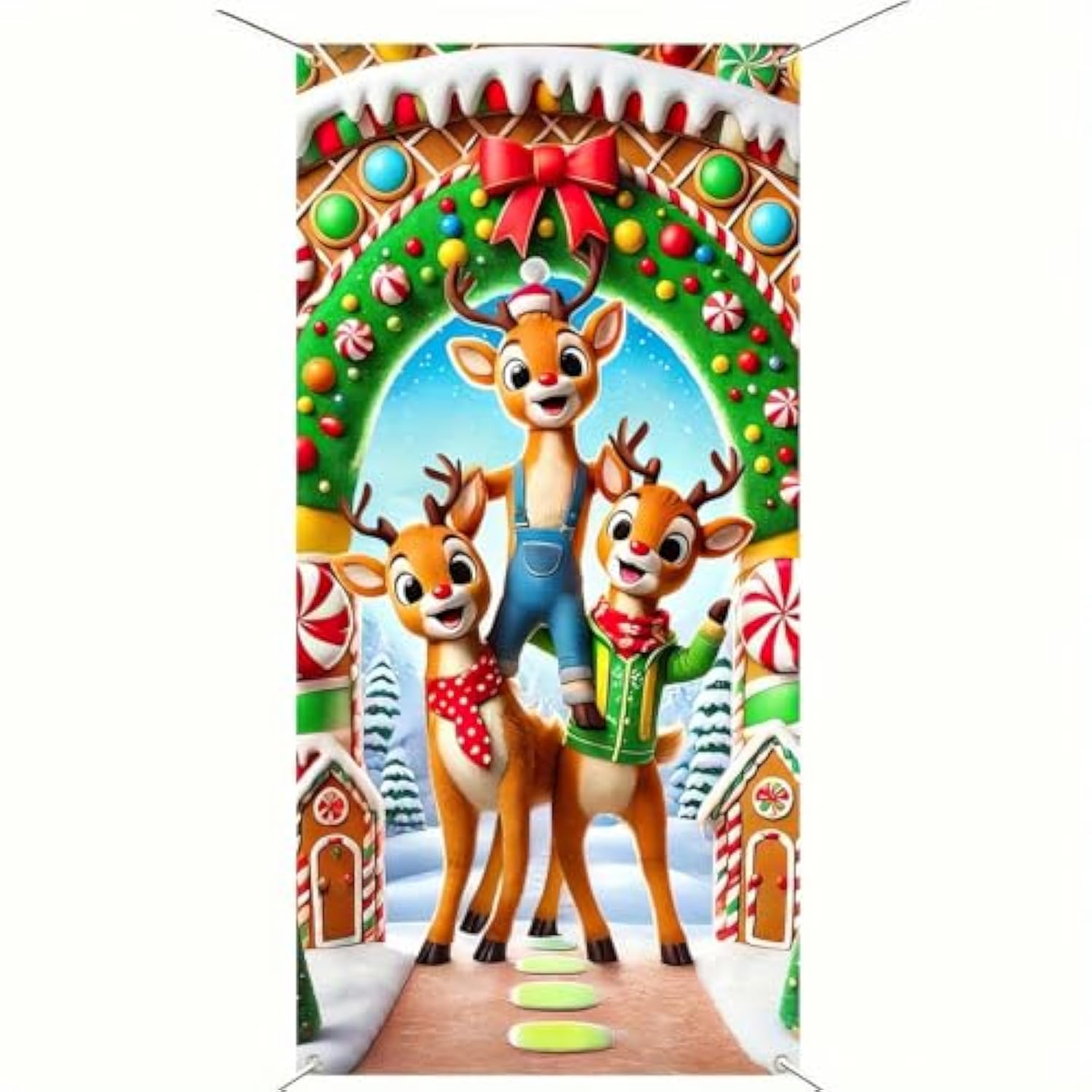 Rudolph Reindeer Merry Christmas Door Cover Banner 35 X 71 Inches Candy Snow Cute Animal Elk Door Banner Christmas Hanging Covers Elk Door Backdrop Winter Holiday Decorations Xmas Eve Party