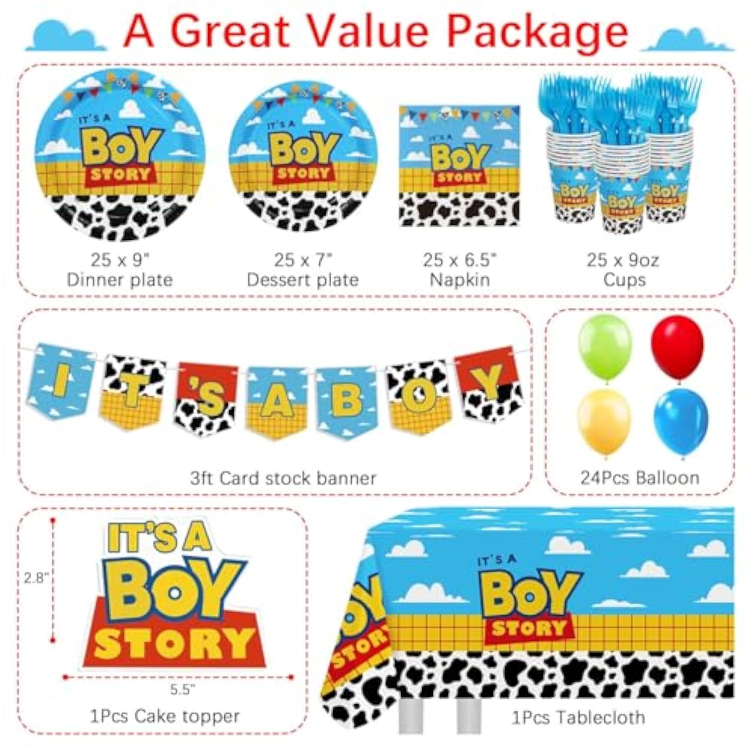 Boy Story Baby Shower Decorations, 25 Guests Includes Cardstock Plates Tableware | Tablecloth | Banner | Balloons | Cake Topper For It’S A Boy Story Baby Shower Themed Party Decorations