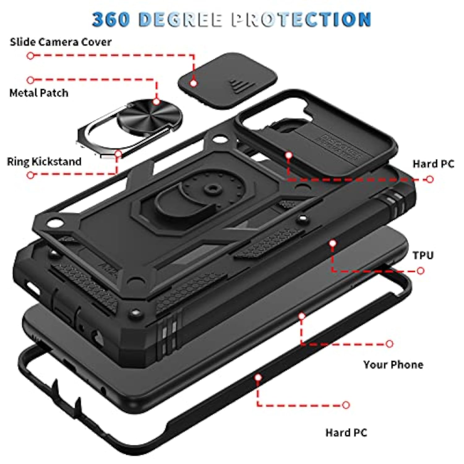 Galaxy A32 5G Case with Camera Cover Slider and 2 Tempered Glass Screen Protectors, Black