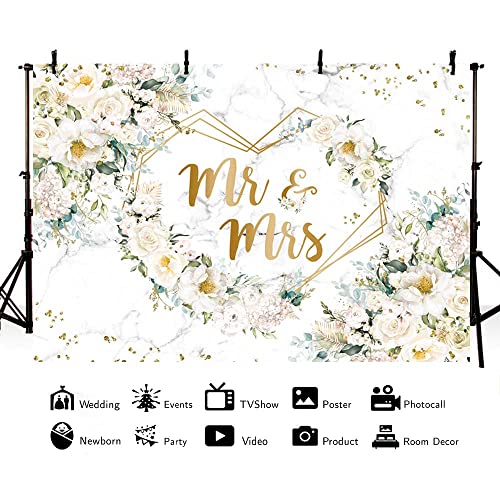 7x5ft White Floral Mr and Mrs Floral Bridal Shower Backdrop