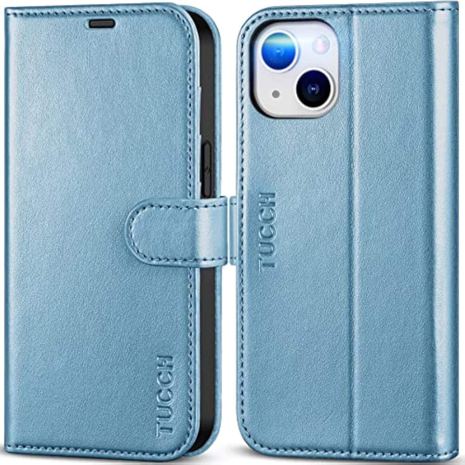 TUCCH Wallet Case for iPhone 14 (6.1") 2022, 4 Card Slots, Shiny Light Blue