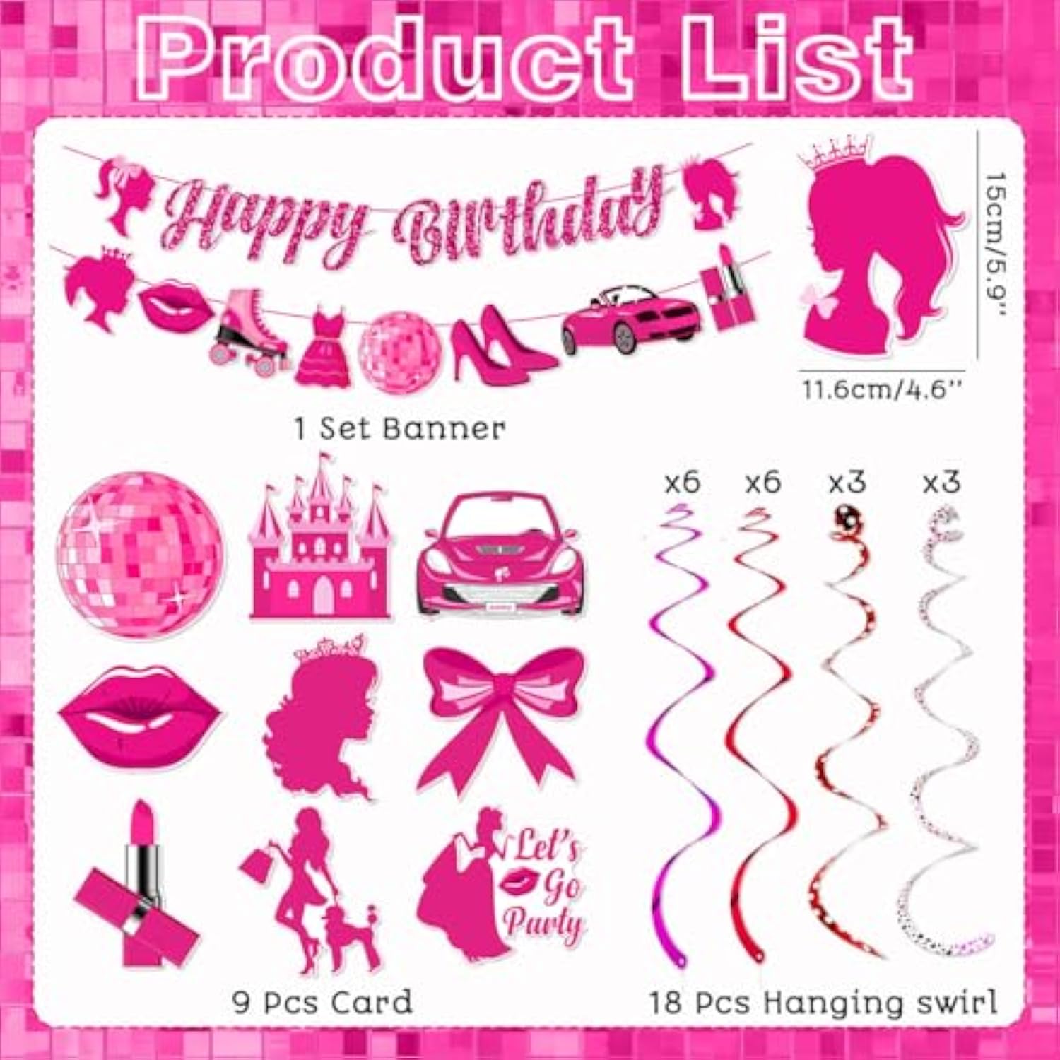 Hot Pink Birthday Party Decorations, Pink Princess Birthday Hanging Decorations, Princess Happy B-Day Banner Decor For Girls Doll Theme Party Cowgirl B-Day Decor