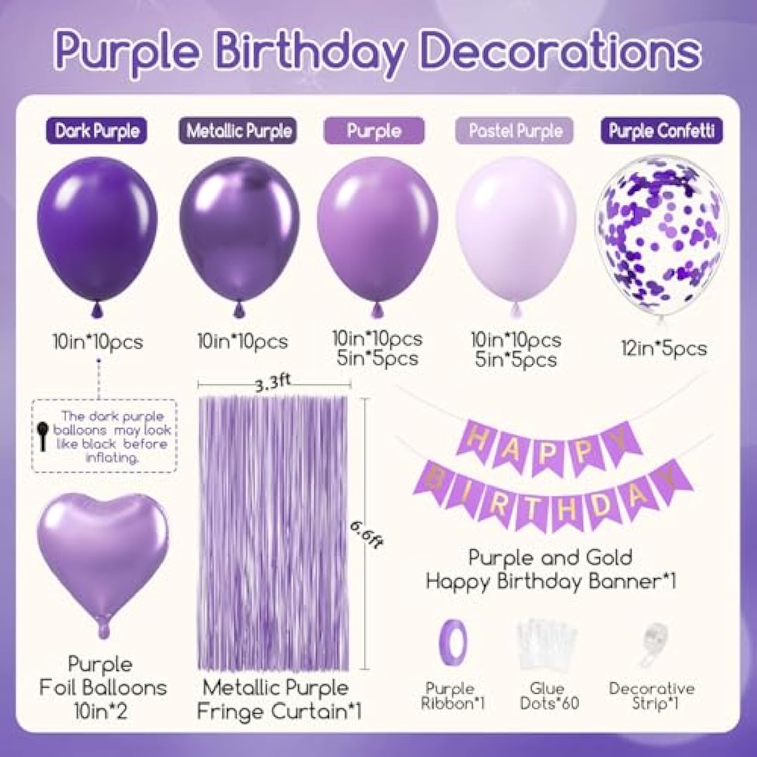 Purple Birthday Decorations: Metallic, Dark Pastel Purple Balloons, Fringe Curtain, Happy Birthday Banner For Women
