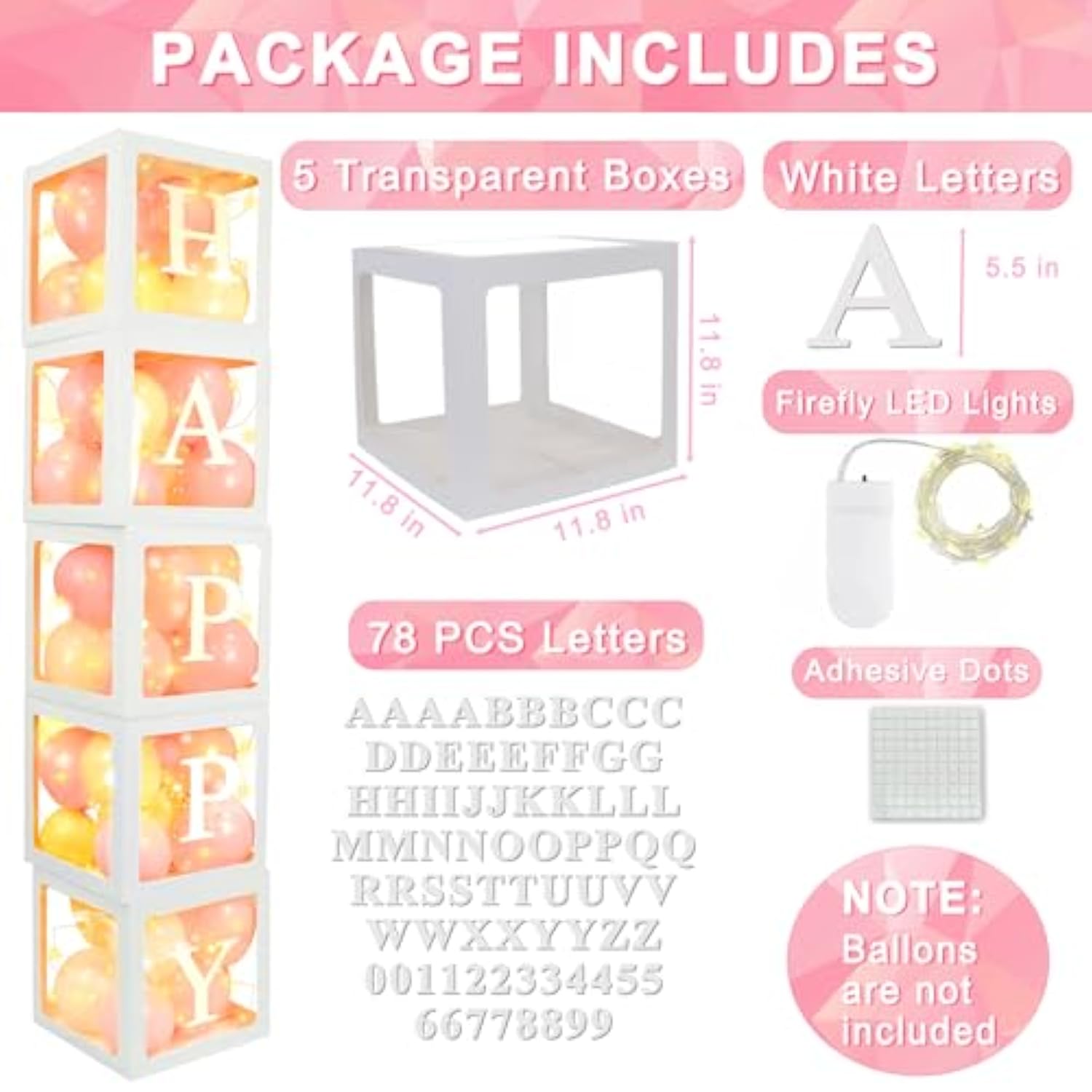 Transparent Balloon Boxes, Clear Balloon Boxes With 5 Pcs String Lights And 78 Letters For Baby Shower Gender Reveal Grad Birthday Party Anniversary Bridal Wedding Decor - 5 White Boxes
